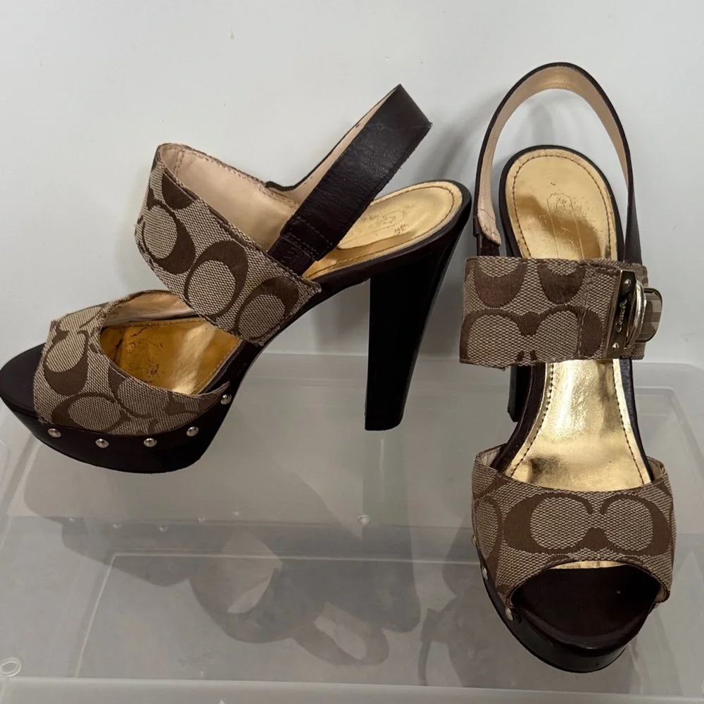 Coach Brown Platform Sandals with Gold Accents - Picture 2 of 11
